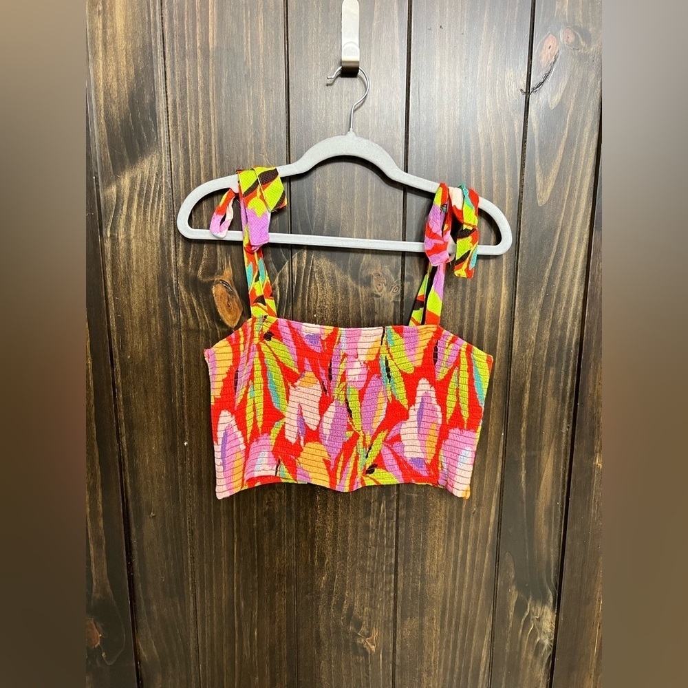 Lulus Red, Tropical-Multi Print Smocked Tie-Strap Top - 
Size: XL - Picture 2 of 8